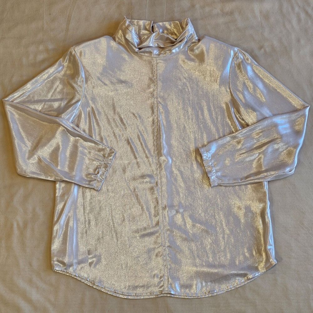 DKNY Champagne‎ Shimmer Mock Neck Long Sleeve Womens Blouse Oversized Size XS